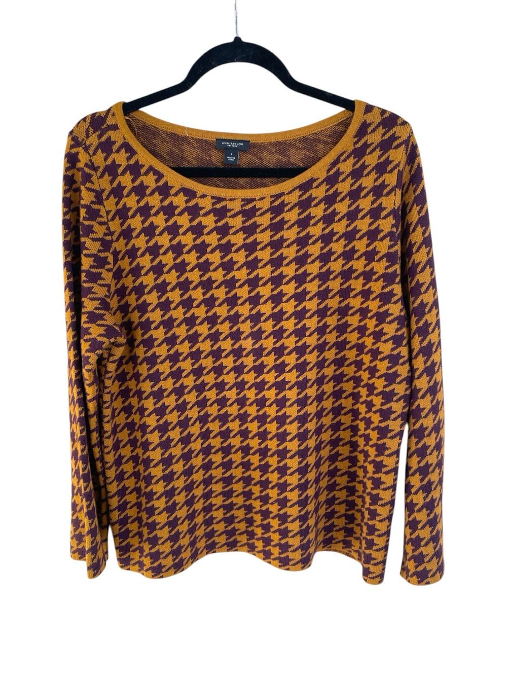 Ann Taylor Factory Sweater Houndstooth Pullover Size L Mustard Brown Knit Top